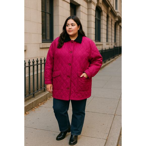 Vintage Bogari Silk Quilted Jacket 1X Fuchsia Pink Corduroy Collar 90s magenta - Picture 1 of 7